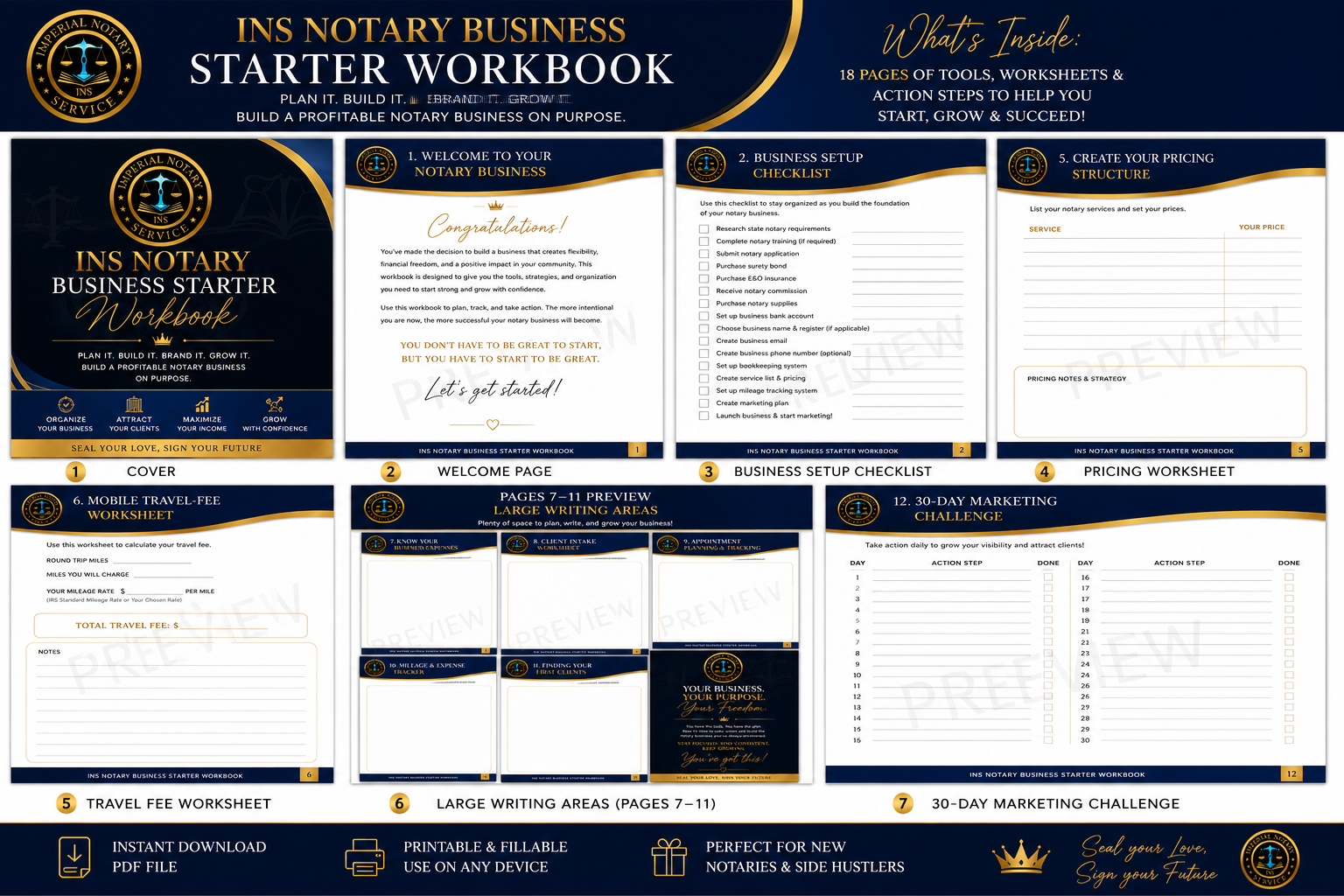 INS Notary Business Starter Workbook — preview of all 18 pages