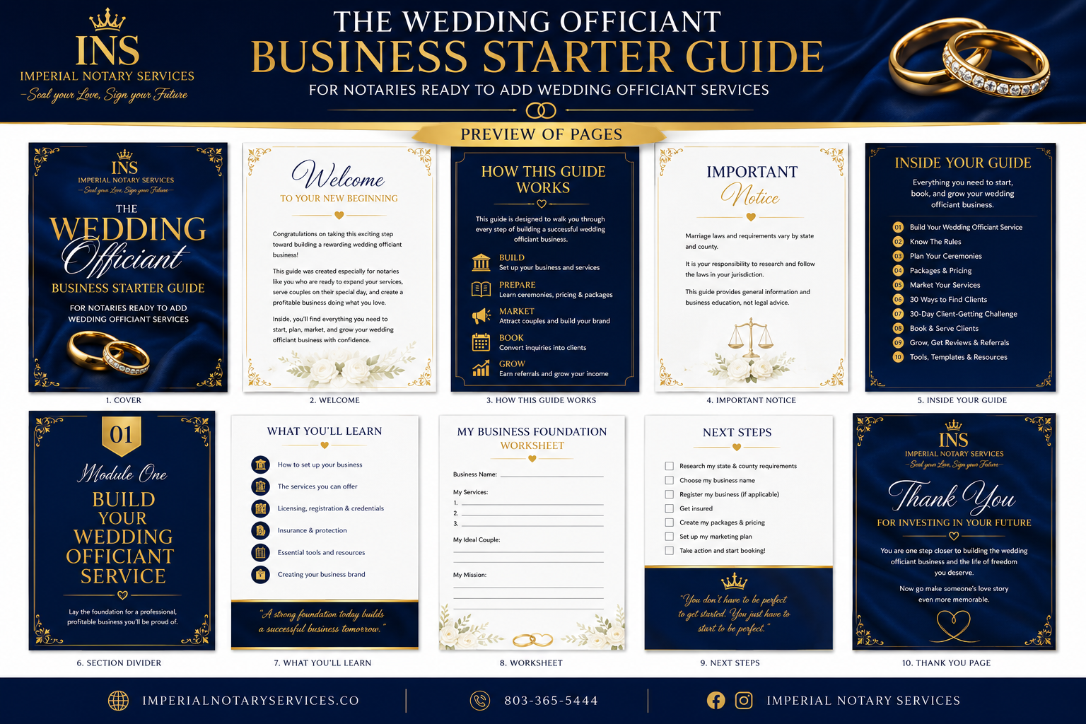 The Wedding Officiant Business Starter Guide — preview of all 10 pages